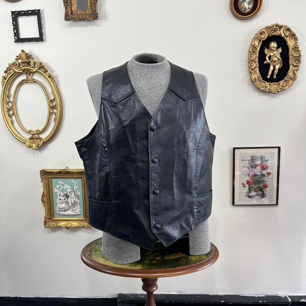 Vintage Pioneer Wear Black Genuine Leather Western Vest – Size 42